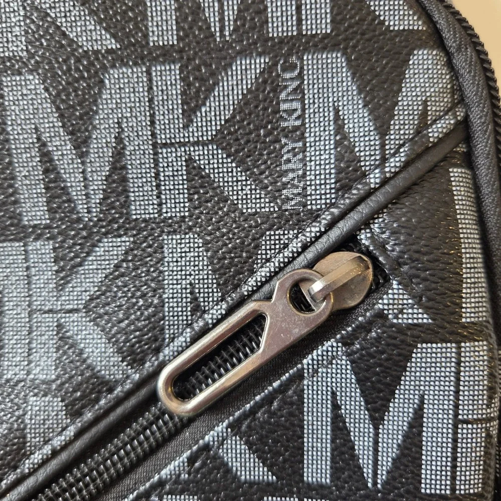 Mary King Black Monogram Sling Backpack Crossbody Bag MK Print Vegan Leather